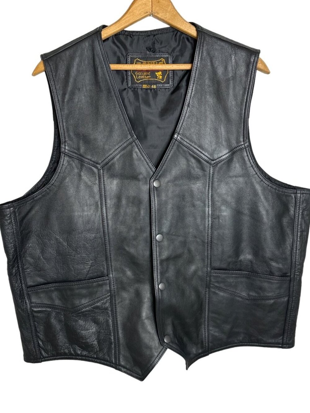 Motorcycle Black Leather Vest Bonus Plain Snap Front Pockets Lined Size 2X